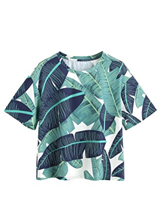 Romwe Women's Foliage Print Drop Shoulder Crew Neck T-Shirt Tee Top