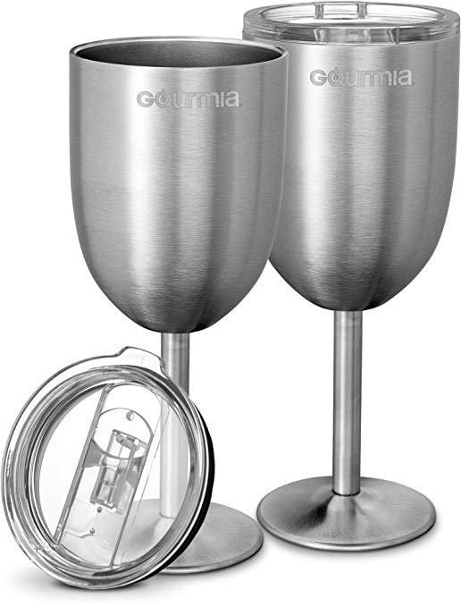 Gourmia GGS9350 Stainless Steel Wine Glasses, 2 Pack With Clear Plastic Lids – 15oz Portable, Insulated Cups for Travel and Outdoor Use - Keeps Drink Hot or Cold, Non-Skid Rubber Feet