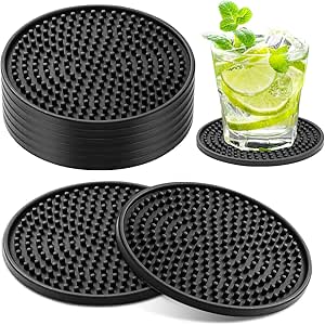 8 PCS Black Coasters, Thick Design(0.2inch) Round Mugs Coasters Set of 8, Silicone Coasters for Drinks, Coffee Pads Beer Bar Mat（three styles） (Black 1)