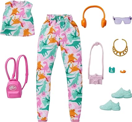 Barbie Clothing & Accessories Inspired by Jurassic World with 10 Storytelling Pieces for Barbie Dolls: Sleeveless Crop Top & Jogger Pants, Backpack, Camera, Headphones, Sunglasses & More