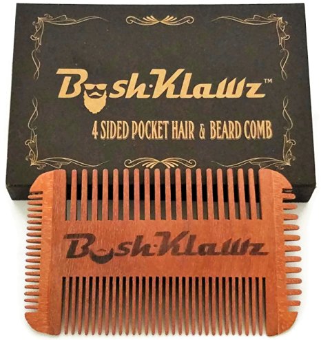 BushKlawz 4Klawz Pocket Beard, Mustache, Hair, and Side Burns Comb 4 Way and Dual Action, Pearwood Wooden Hand Crafted Comb