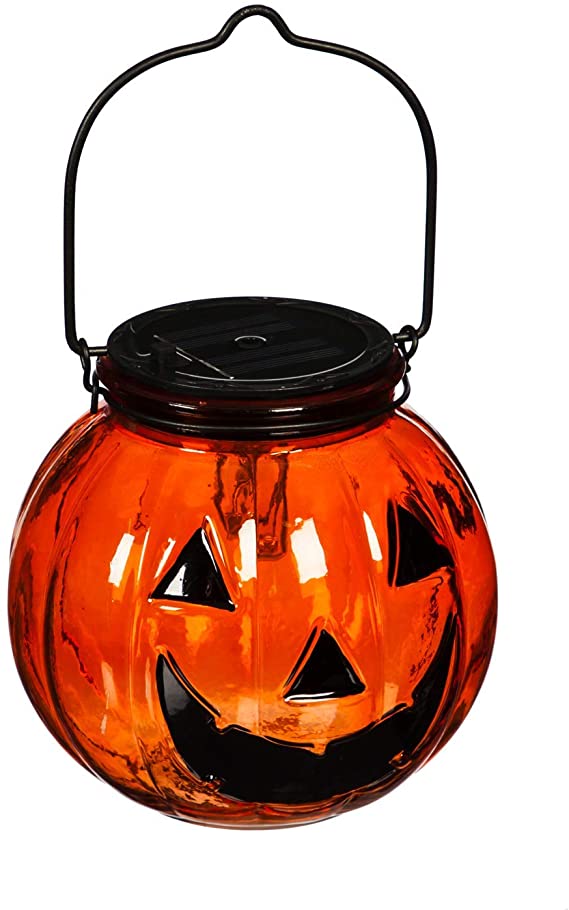 Evergreen Garden Solar Glass Pumpkin Lanterns, Orange 5 x 5.5 x 5 Inches