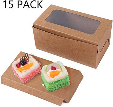 Cupcake Boxes, Food Grade Kraft Bakery Container, Cookie Holder with Inserts and Display Windows Fits 2 Cupcakes-15 Packs
