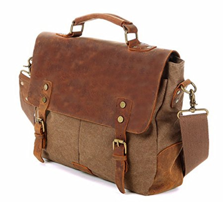 14Inch Laptop Tablet Messenger Bag,Berchirly Unisex Fashion Canvas Travel Briefcase Shoulder Bag with Genuine Leather Trim for Men Women