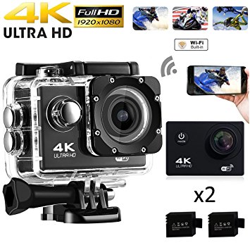 Action Camera 4K Full HD Sport Camera 30M Waterproof Camera Video Recorder 2.0 Inch 170 degree Wide Angle Lens Underwater Camera with 2 Rechargable Batteries(19 Accessories)