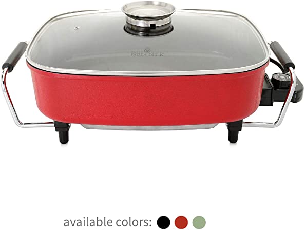 Paula Deen 15-inch (1400 Watt) Large Electric Skillet with Glass, Basting Lid; Easily Saute, Sear, Cook Casseroles, Brown Meats, Simple Temperature Dial with Keep Warm Feature, Wipe Clean Ceramic Coating (Red)