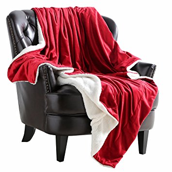 Cozy Sherpa Throw Blanket Reversible Red Brush Fur, Lightweight Blankie (Reversible/Textured/Fuzzy) by VVFamily, 50x60"