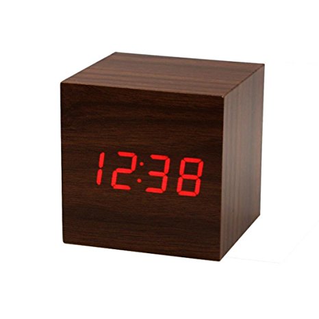 Mini Perman Cube Style Digital LED Bamboo Wooden Wood Desk Alarm Clock Voice Control Display Temperature (Brown   Red)