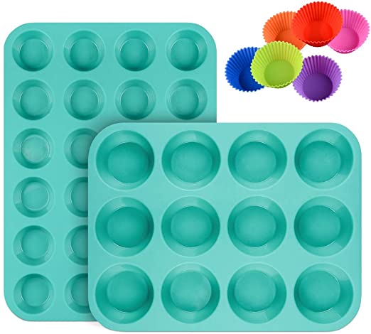 Silicone Muffin Cupcake Pan Set - Mini 24 Cups and Regular 12 Cups Muffin Tin, Nonstick BPA Free Best Food Grade Silicone Molds with Bonus 12 Silicone Baking Cups