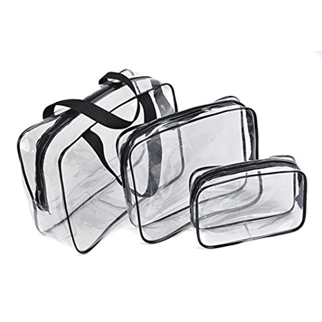 BCP 3 Piece Clear PVC Waterproof Travel Toiletry Organizer Storage Bag Set With Zipper Closure Gym Tote Bag Cosmetic Bag Set