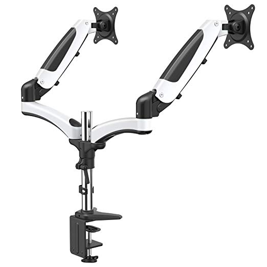 HUANUO Dual Monitor Mount, Full Motion Monitor Arm Stand, Height Adjustable Computer Monitor Riser with Gas Spring, C Clamp, Cable Management for Two 15 to 27 Inch LCD Screens