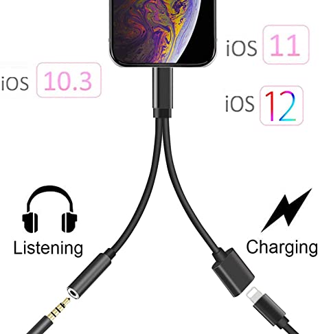 Headphone Adapter Compatible with iPhone Xs/Xs Max/XR/ 11/11Pro 8/8 Plus/X / 7/7 Plus,Listen to Music Adapter Audio and Charge 3.5mm Splitter Converter Compatible with Adaptor Charger(Black)