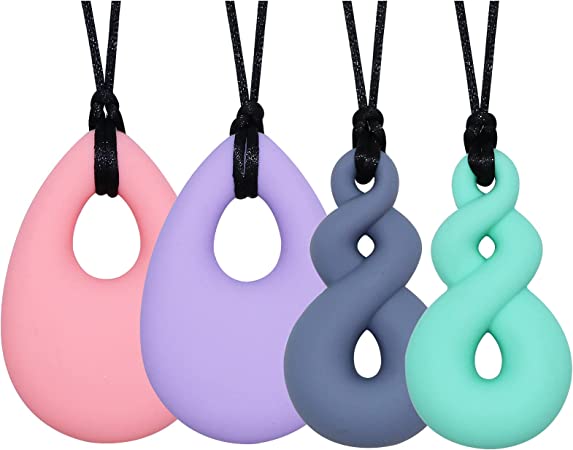 Chew Necklace, Silicone Chew Necklaces for Sensory Kids and Adults, 4 Pack Mouth Fidgets Chewy Necklace Sensory Chew Toys for Boys Girls with Autism Anxiety ADHD, BPA Free