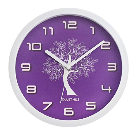 JustNile Silent Modern Creative White Frame Wall Clock - 10-inch Purple Clock Face W/ White Tree