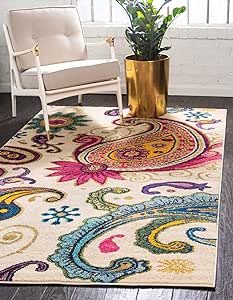 Unique Loom Estrella Collection Colorful, Paisley, Floral, Abstract, Modern Area Rug, 7 x 10 ft, Beige/Pink