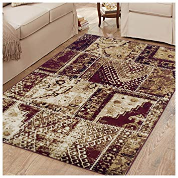 Superior 8mm Pile Height with Jute Backing, Vintage Patchwork Persian Rug Design, Fashionable and Affordable Woven Rugs, 5' x 8' Rug, Red & Black