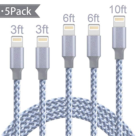 Lightning Cable,AOFU Charger Cables 5Pack 2x3FT 2x6FT 10FT to USB Syncing and Charging Cable Data Nylon Braided Cord Charger for iPhoneX/8Plus/8/7/7Plus/6/6Plus/6s/6sPlus/5/5s/5c/SE and more-GrayWhite