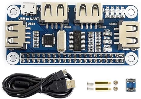 Waveshare 4 Port USB HUB HAT, Compatible with Raspberry Pi Zero/Zero 2W / Zero W/Zero WH, USB to UART Onboard