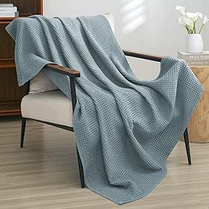 PHF 100% Cotton Waffle Weave Throw Blanket 50" x 60"-Lightweight Washed Soft Breathable Blanket for Adults and Kids-Perfect Blanket Layer for Couch Bed Sofa-Elegant Home Decoration - Ocean