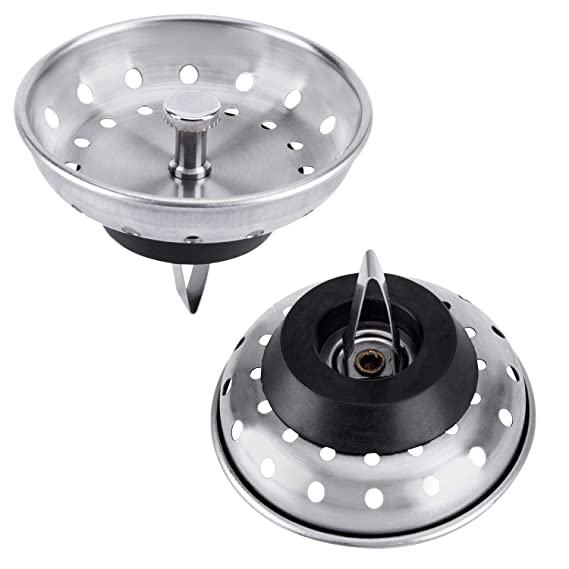Kuyang 2 Pack Kitchen Sink Stopper Strainer 2 in 1, Replacement for Standard Drains (3.25 Inch), All Stainless Steel Body with Rubber Stopper (Spring Clip)