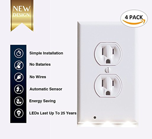 OUTLET WALL PLATE – OUTLET WALL PLATE WITH LED LIGHT - 4 PACK - GUIDELIGHT - OUTLET WALL COVER WITH NIGHT LIGHT - BUILT IN SENSOR - NO WIRE - WHITE (DUPLEX 4 PACK)