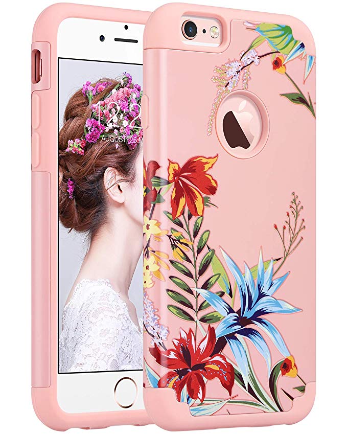 ULAK Floral Case for iPhone 6S & 6, Slim Fit Dual Layer Soft Silicone & Hard Back Cover Bumper Protective Shock-Absorption & Skid-Proof Anti-Scratch Case (Pink Tropical Flower)