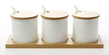 JustNile Ceramic Spice Jar Set - 3 Pcs Cylindrical White and Wood Base Lid