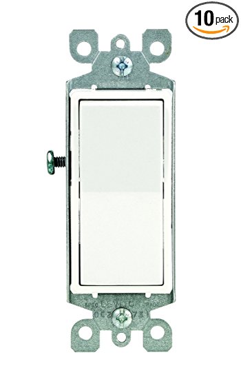 Leviton 5601-2WM 15 Amp, 120/277 Volt, Decora Rocker Single-Pole AC Quiet Switch, Residential Grade, Grounding, 10-Pack, White