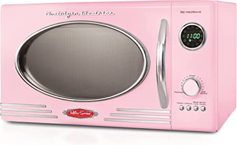 Nostalgia Retro Countertop Microwave Oven, 0.9 Cu. Ft. 800-Watts with LED Digital Display, Child Lock, Easy Clean Interior, Cu.Ft, Pink