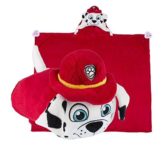 Paw Patrol Hooded Blanket - Marshall, Red Fire Fighter Pup - Kids Cartoon Character Blankie that Folds into a Pillow - Great for Boys and Girls Playtime and Bedtime - By Comfy Critters