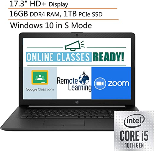 2020 HP 17 17.3" HD  Laptop Computer, 10th Gen Intel Quad-Core i5 1035G1 Up to 3.4GHz (Beats i7-7500u), 16GB DDR4 RAM, 1TB PCIe SSD, DVDRW, Webcam, Windows 10, Ipuzzle Mouse Pad, Online Class Ready