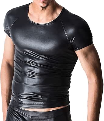 Panegy Men's Black Leather Tshirt Short Sleeve PVC Tunic & Sleeveless Tank Top M-XXL