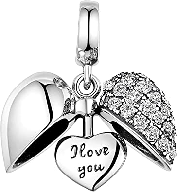 NINGAN “I Love You” Heart Pendant Love Charm 925 Sterling Silver Dangle Charms Compatible with Pandora, Biagi, Chamilia & European Bracelets & Necklaces