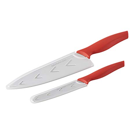 Rachael Ray Cutlery 2-Piece Japanese Stainless Steel Chef and Utility Knife Set with Red Handles and Sheaths - 47427