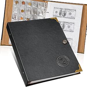 Coin Collecting Holder Album with 150 Coin Pockets and 240 Paper Currency Pockets, PU Leather Coins Collection Holder Penny Currency Storage Book (Black)