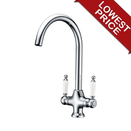 Refin Contemporary High Arch Stainless Steel Single Hole Kitchen Sink Taps, Chrome Double Handle Swivel Spout Monobloc Sink Mixer Taps