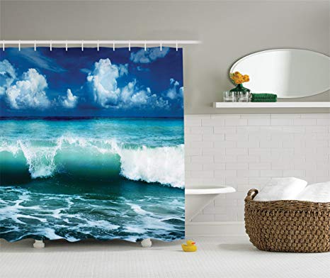 Ambesonne Ocean Shower Curtain Surf Waves Decor by, Caribbean Sea and Water Splash Picture for Surfers Theme Print, Polyester Fabric Bathroom Shower Curtain Set with Hooks, Navy Blue White