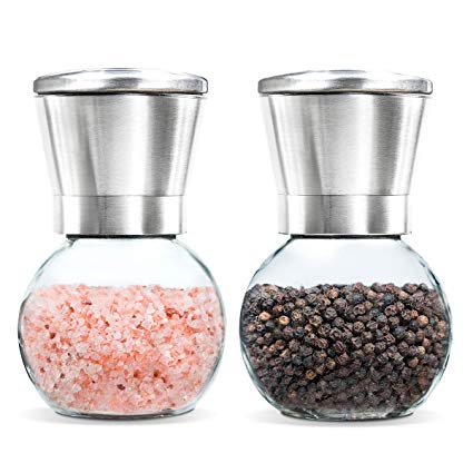 Premium Stainless Steel Salt and Pepper Grinder Set of 2- Brushed Stainless Steel Pepper Mill and Salt Mill, 6 Oz Glass Round Body, 5 Grade Adjustable Ceramic Rotor By Levav