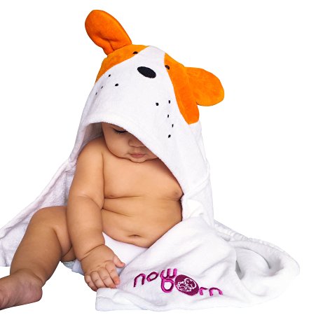Baby Hooded Bath Towel - Cute Orange Puppy Dog Animal Design - Organic Cotton Material