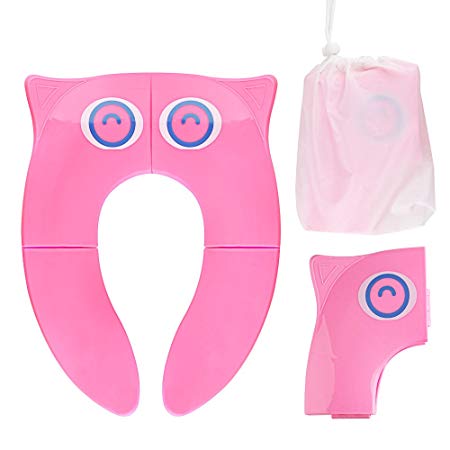 Portable Potty Seat on Toilet, Opret Foldable Travel Potty Training Seat with Large Non Slip Silicone Pads Reusable, for Toddlers Boys Girls with Carrying Bag, Pink