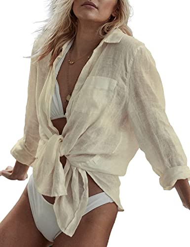 Bsubseach Women Long Sleeve Beach Shirt Blouses Bathing Suit Cover Up Button Down Collar