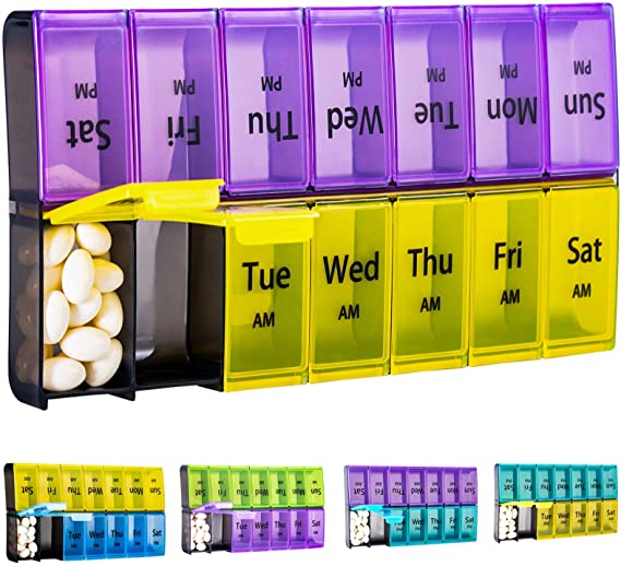 Weekly Pill Organizer 2 Times A Day, Am Pm 7 Day Large Pill Box, Medication Organizer to Hold Daily Medicine Vitamin and Supplements for Elders, Arthrtic Patients and Kids (Yellow & Purple)