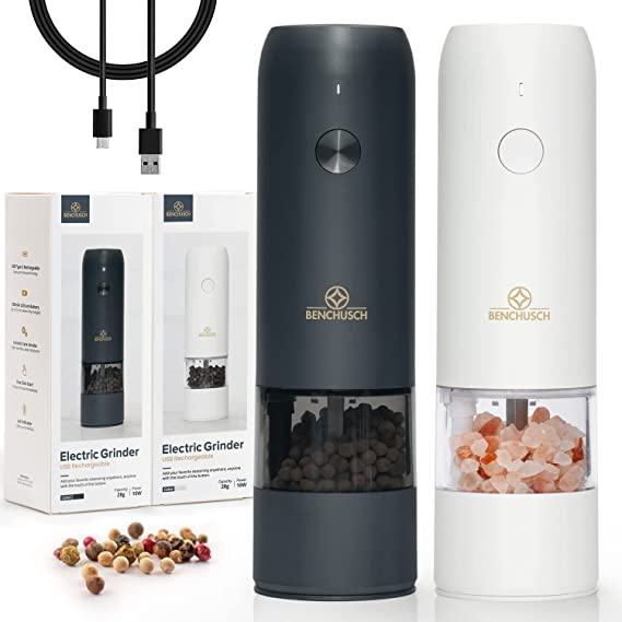 Electric Salt and Pepper Grinder - USB Rechargeable Electric Grinder - Adjustable Ceramic Grind for Black Peppercorn - Automatic Pepper Grinder with LED Light (Set of 1xBlack and 1xWhite)