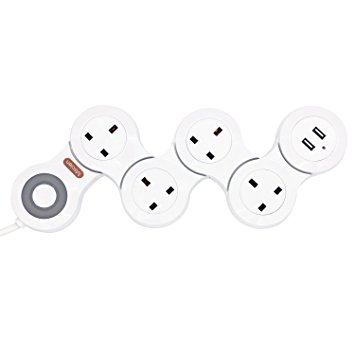Extension Lead Extension Cable Power Socket Mscien Flexible Rotary Movable Socket With Indicator Light 1.8 M Cord 2500W/10A White (4 Gang - 2 USB Port)