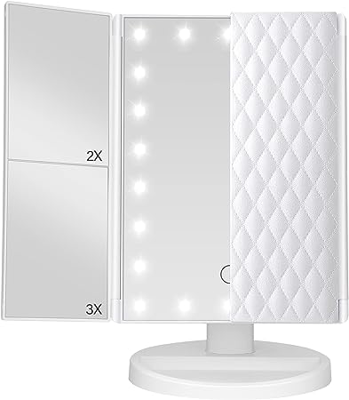 TiKenSo Trifold Vanity Mirror with Lights，Makeup Mirror with Lights and 1x/2x/3x Magnification 21LED Mirror Touch Screen Two Power Supply Modes Make Up Mirror