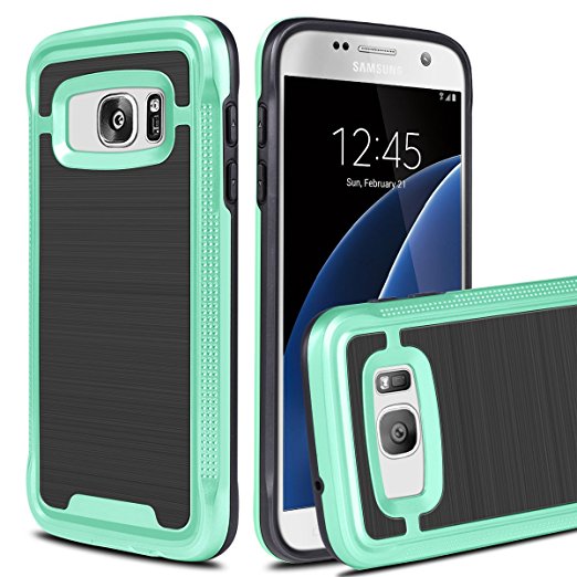 Galaxy S7 Case, HoneyAKE Slim Shockproof Armor Hybrid Dual Layer Brushed Texture Flexible TPU Bumper Defender Protective Case for Galaxy S7-Mint
