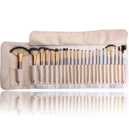 Makeup Brushes 24pcs Quality Natural Cosmetic Brush Set With Leather Pouch 24 Count Bursh set For Eye Shadow Blush Concealer(Cream-Coloured) (24 Pcs)