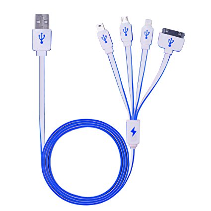USB Cable, Multi USB Charging Cable Adapter Connetctor with 8 Pin Lighting / 30 Pin / Micro USB / Mini USB Ports for Iphone SE 4s 5s 5c 6 6s Plus iPad,Htc,LG G3 G4 and More -3 Feet(Blue)
