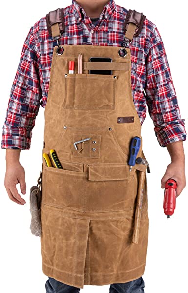 RIVECO Work Apron for Men with Pockets for Tools, Waxed Canvas Leather Pad for Woodworking Safety Wear