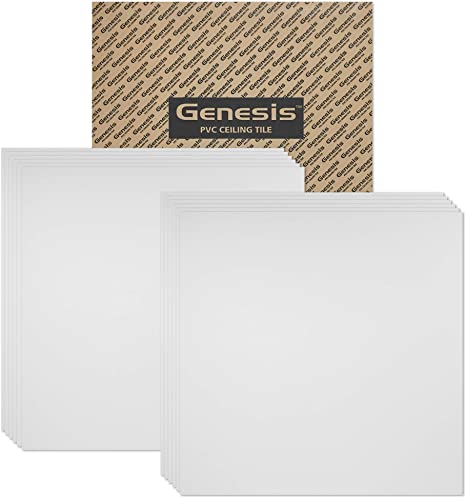 Genesis 2ft x 2ft Smooth Pro White Ceiling Tiles - Easy Drop-in Installation – Waterproof, Washable and Fire-Rated - High-Grade PVC to Prevent Breakage - Package of 12 Tiles